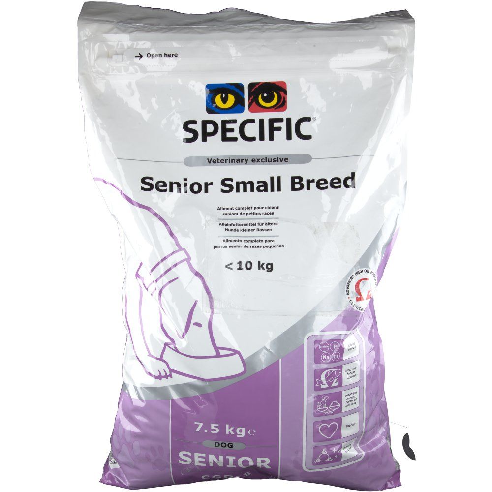 Zak hondenvoer. Opschrift: Specific Senior Small Breed. Gewicht: 7,5 kg. Voor honden onder 10 kg.
