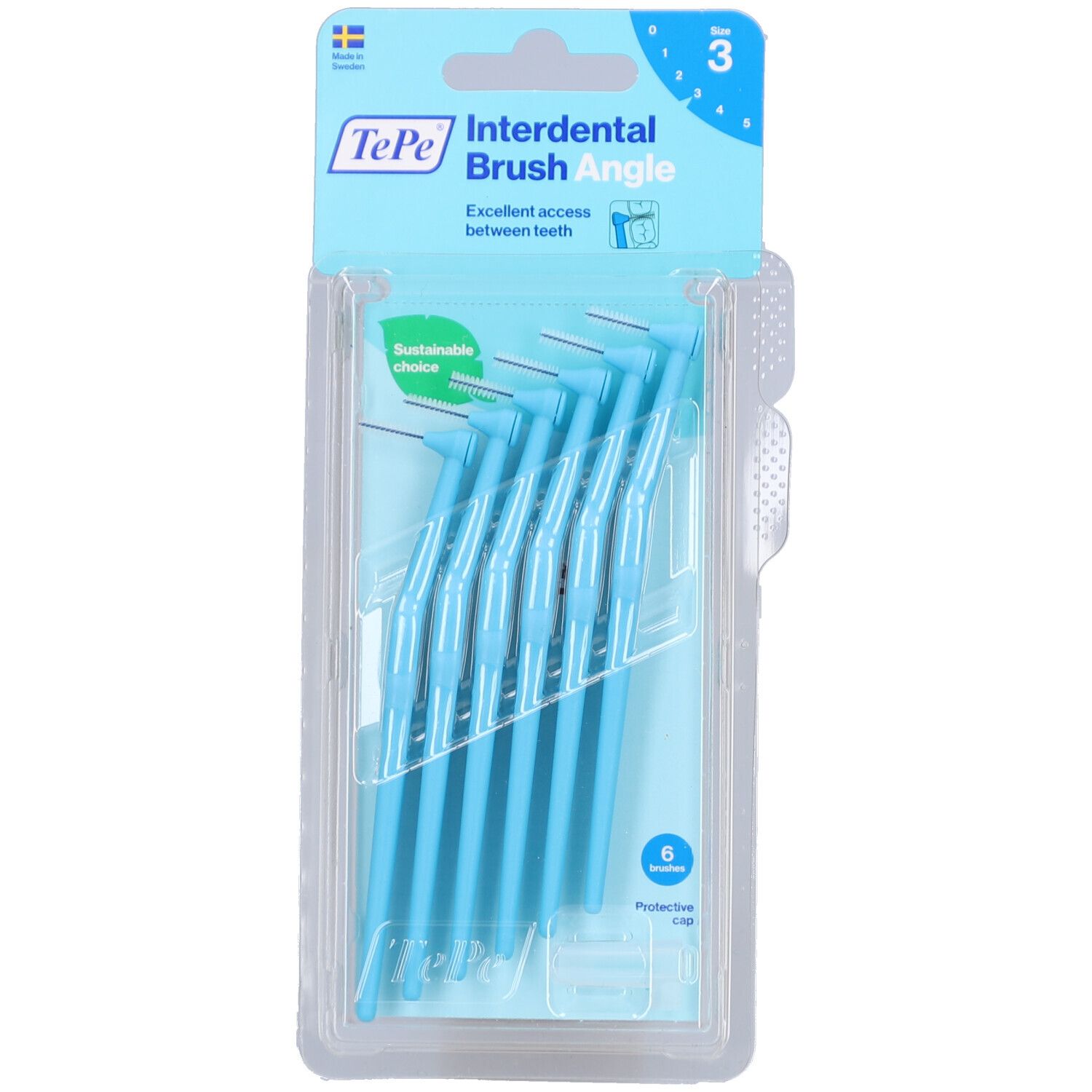 Verpakking met 6 blauwe interdentale borstels. Merk TePe, maat 3, 0,6 mm. Duurzame keuze. Plastic verpakking.
