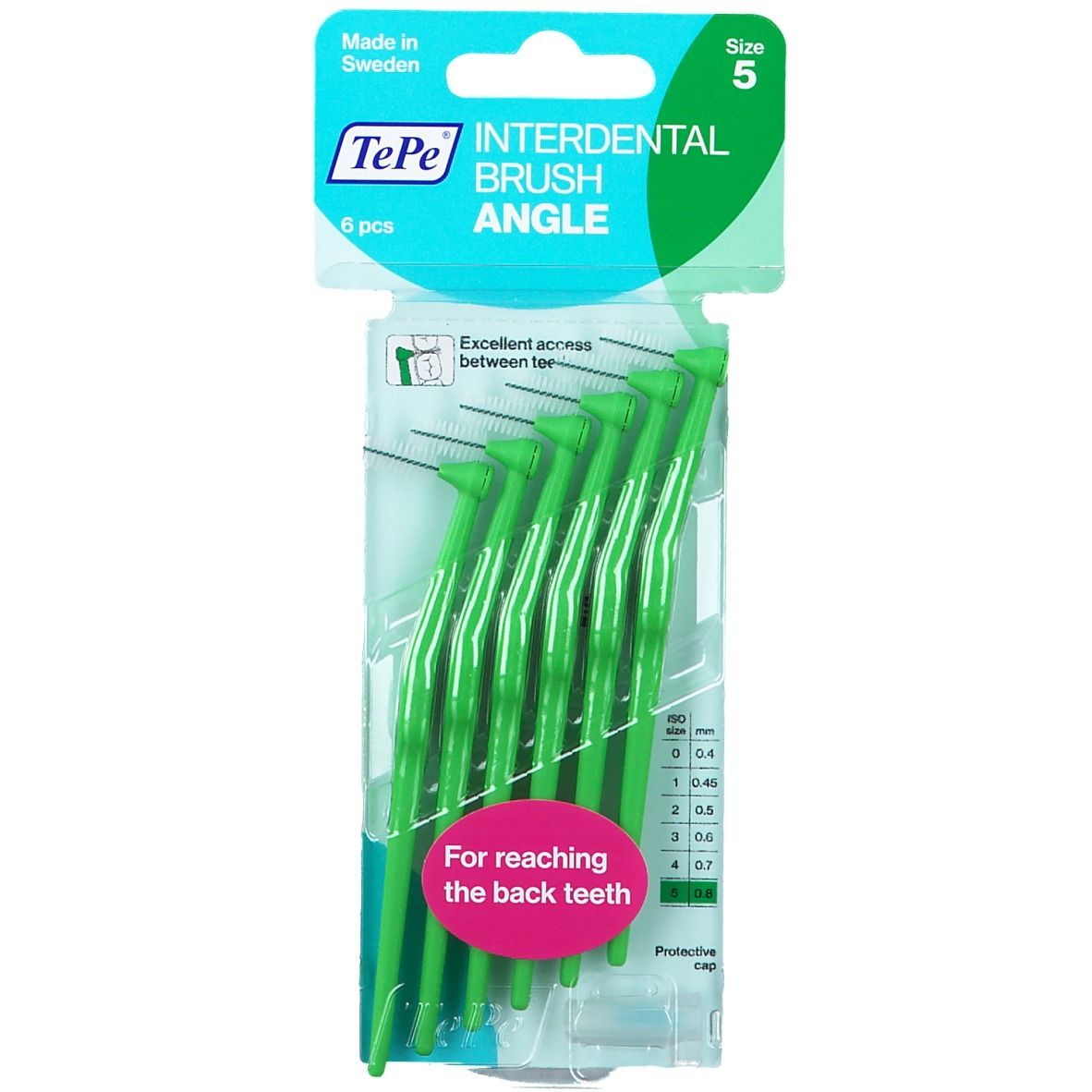 Verpakking met groene interdentale borstels. Zes stuks, maat 5. Merk TePe, "Angle" en tekst voor achterste tanden.