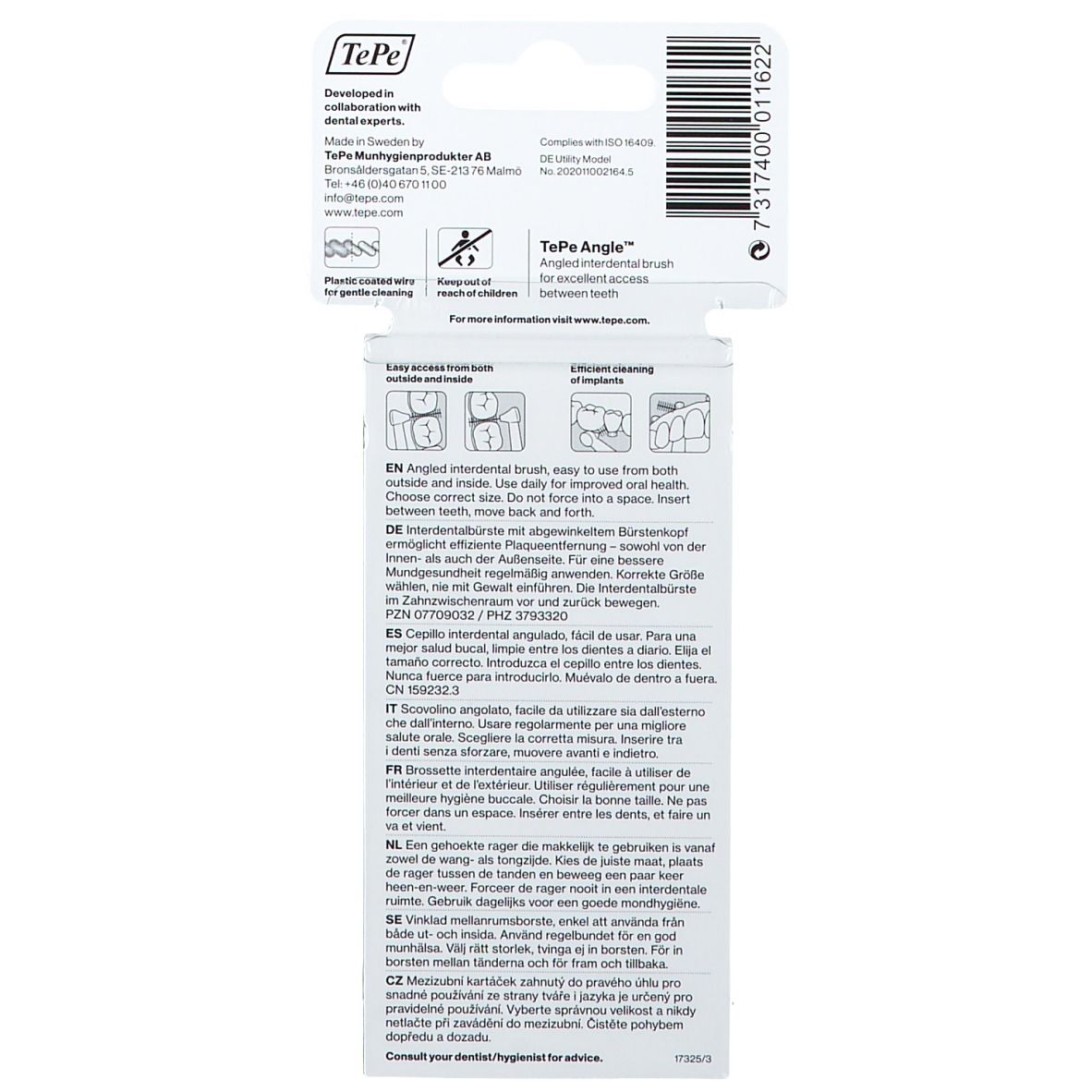 Achterkant van de verpakking met informatie. Tekst in meerdere talen, waaronder Duits, Engels en Frans.