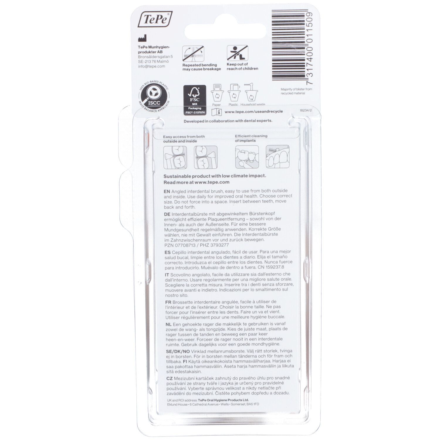 Achterkant van de verpakking met informatie over de interdentale borstels. Meertalige tekst. FSC-certificering.