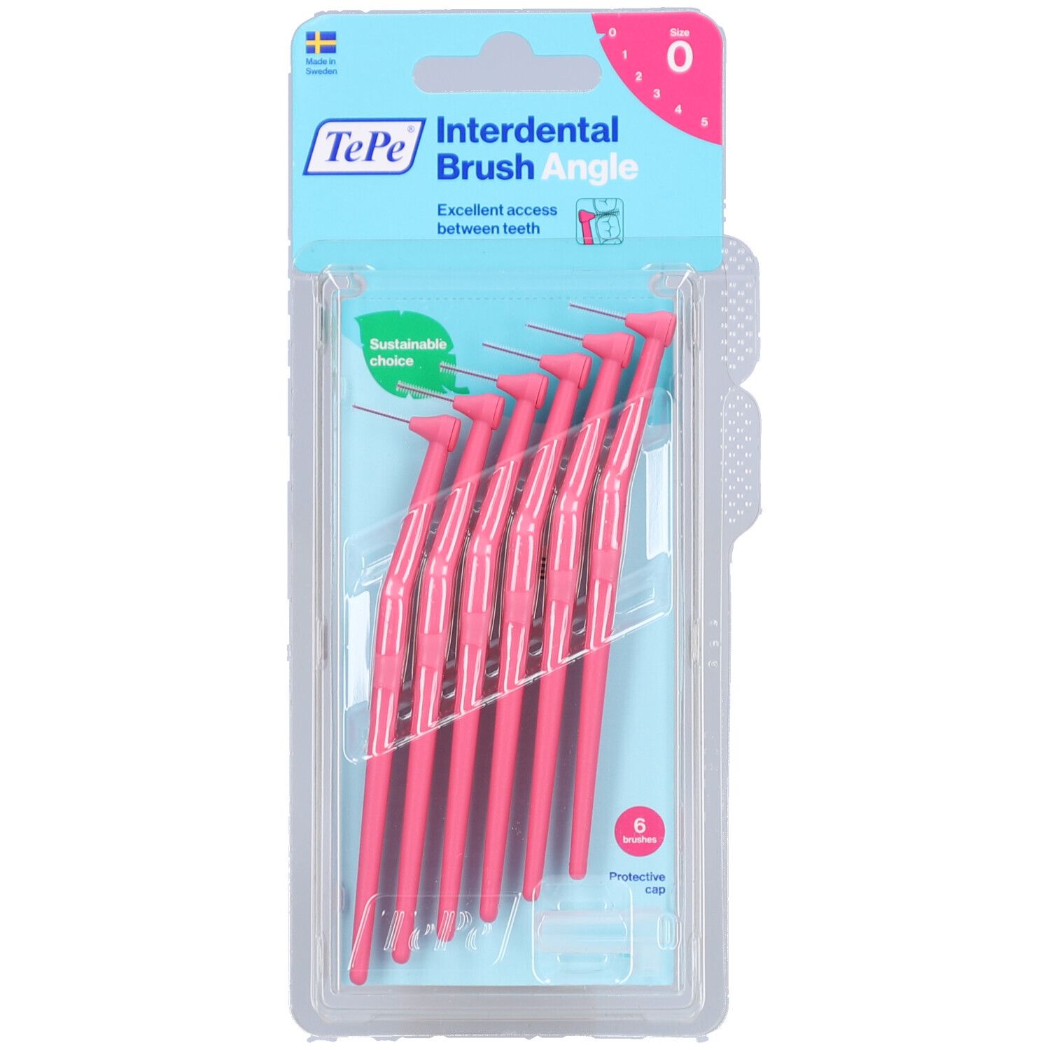 Paquet de 6 brossettes interdentaires roses. Marque TePe, taille 0. Conception angulaire pour dents arrière. Emballage plastique.