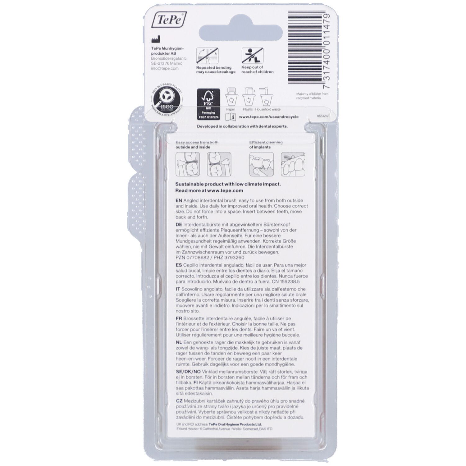 Dos de l'emballage avec informations. Marque TePe. Texte multilingue. Instructions et coordonnées.