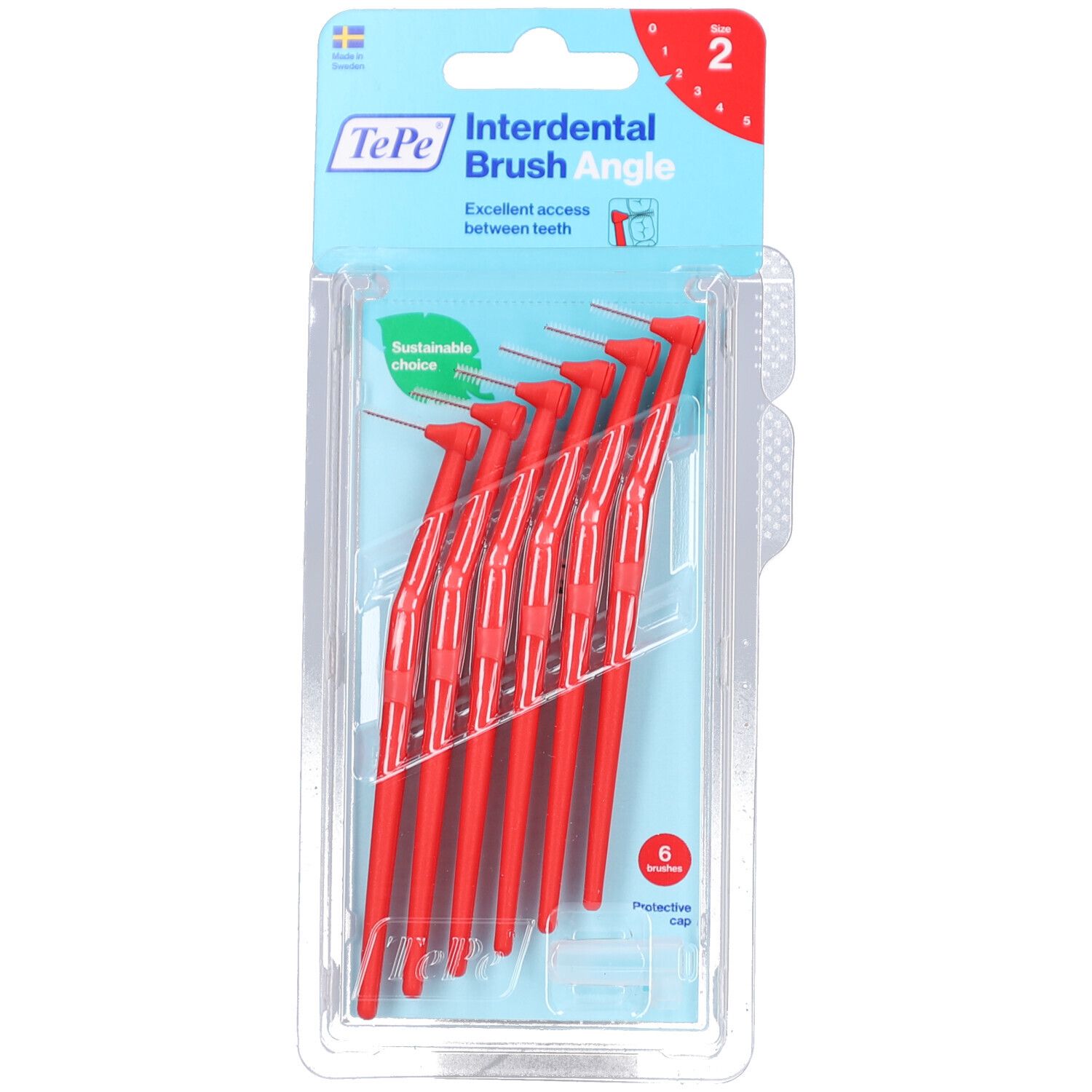 Paquet de six brossettes interdentaires rouges. Taille 2, 0,50 mm. Marque TePe Angle. Choix durable.