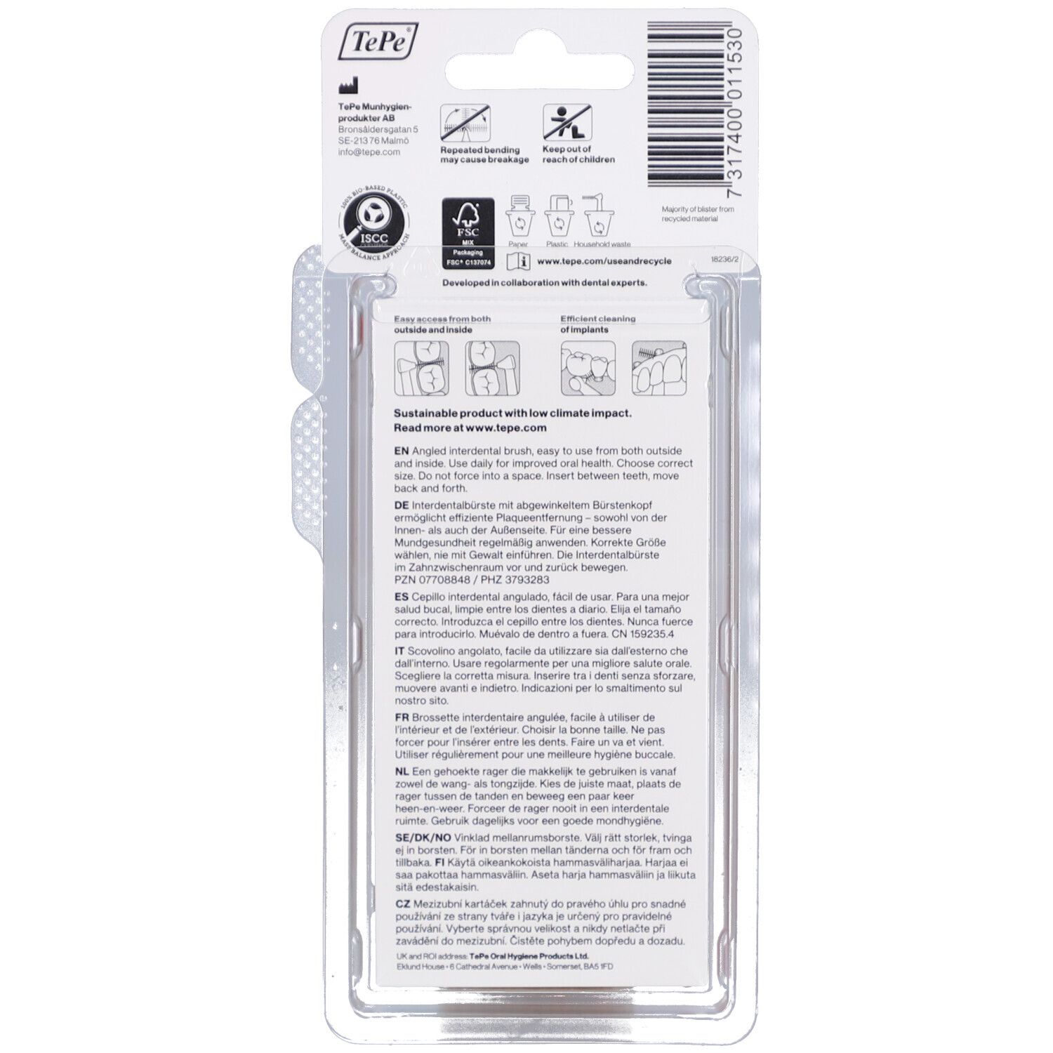 Dos du paquet. Informations textuelles multilingues. Nom du produit : TePe Angle. Produit durable.