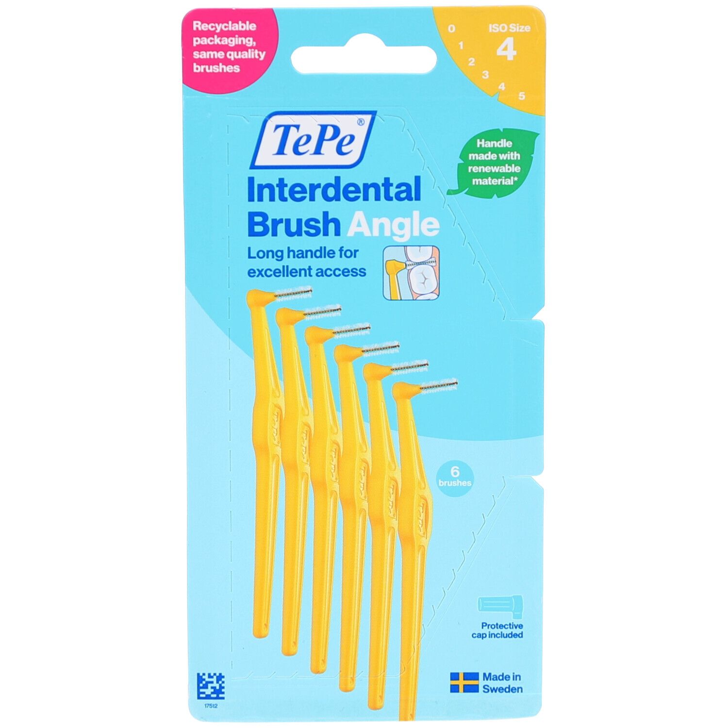 Verpakking met gele interdentale borstels, maat 4, hoekig. 6 stuks. Merk TePe. Duurzame keuze.