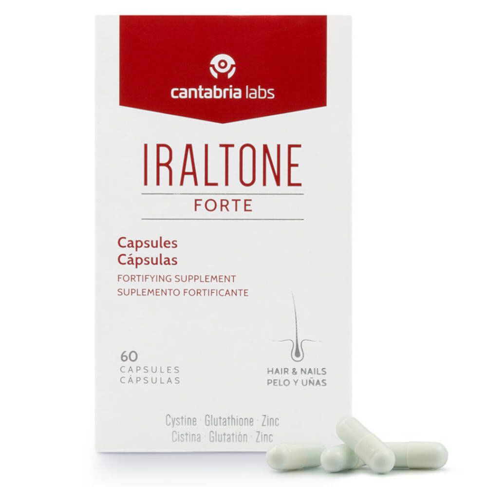Boîte blanche et rouge. Inscription: Iraltone Forte, Capsules. 60 capsules. Trois gélules sont à côté.