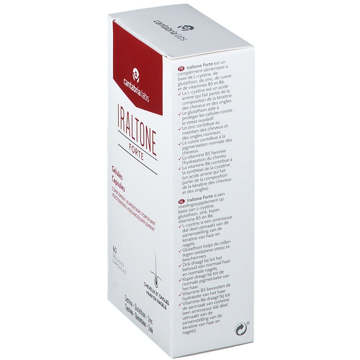 Boîte blanche et rouge. Inscription: Iraltone Forte, 60 gélules. Cheveux et ongles.