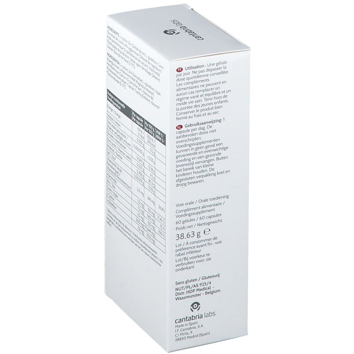 Boîte blanche et rouge. Inscription: Iraltone Forte, 60 gélules. Cheveux et ongles.