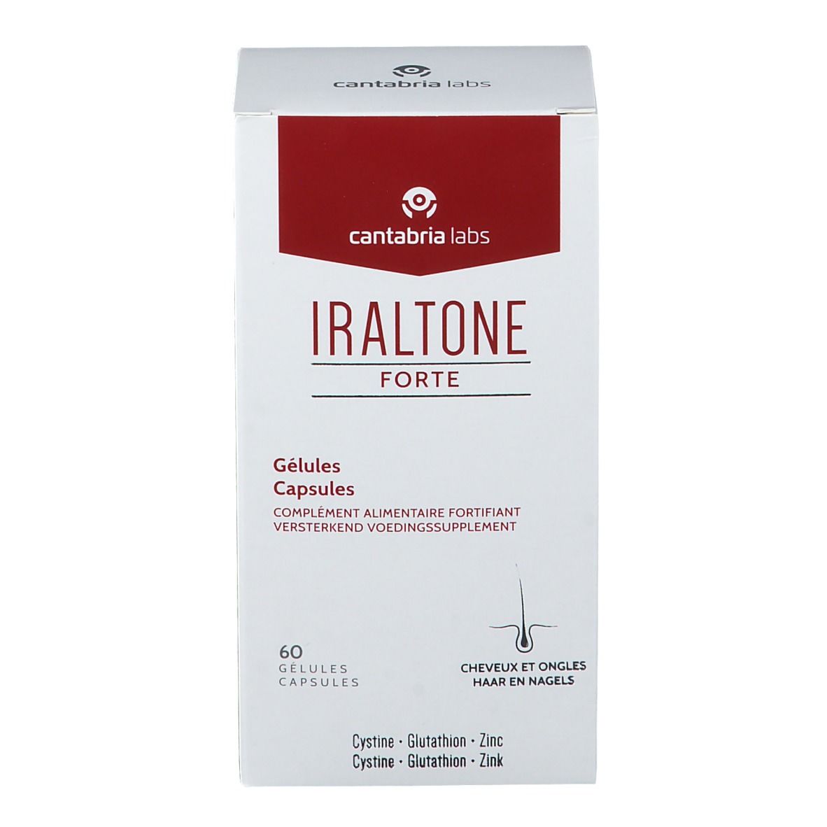 Boîte blanche et rouge. Inscription: Iraltone Forte, 60 gélules. Cheveux et ongles.