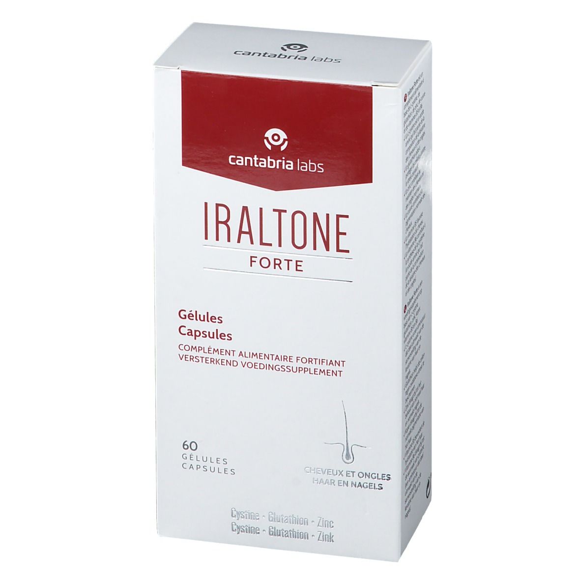 Boîte blanche et rouge. Inscription: Iraltone Forte, 60 gélules. Cheveux et ongles.