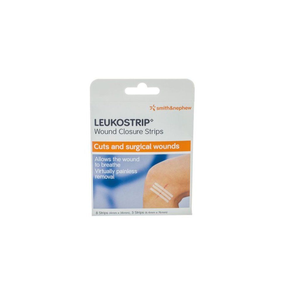 Verpakking met LEUKOSTRIP wondsluitstrips. Opschrift: Cuts and surgical wounds. Smith & Nephew logo. Toont een afbeelding van de toepassing.