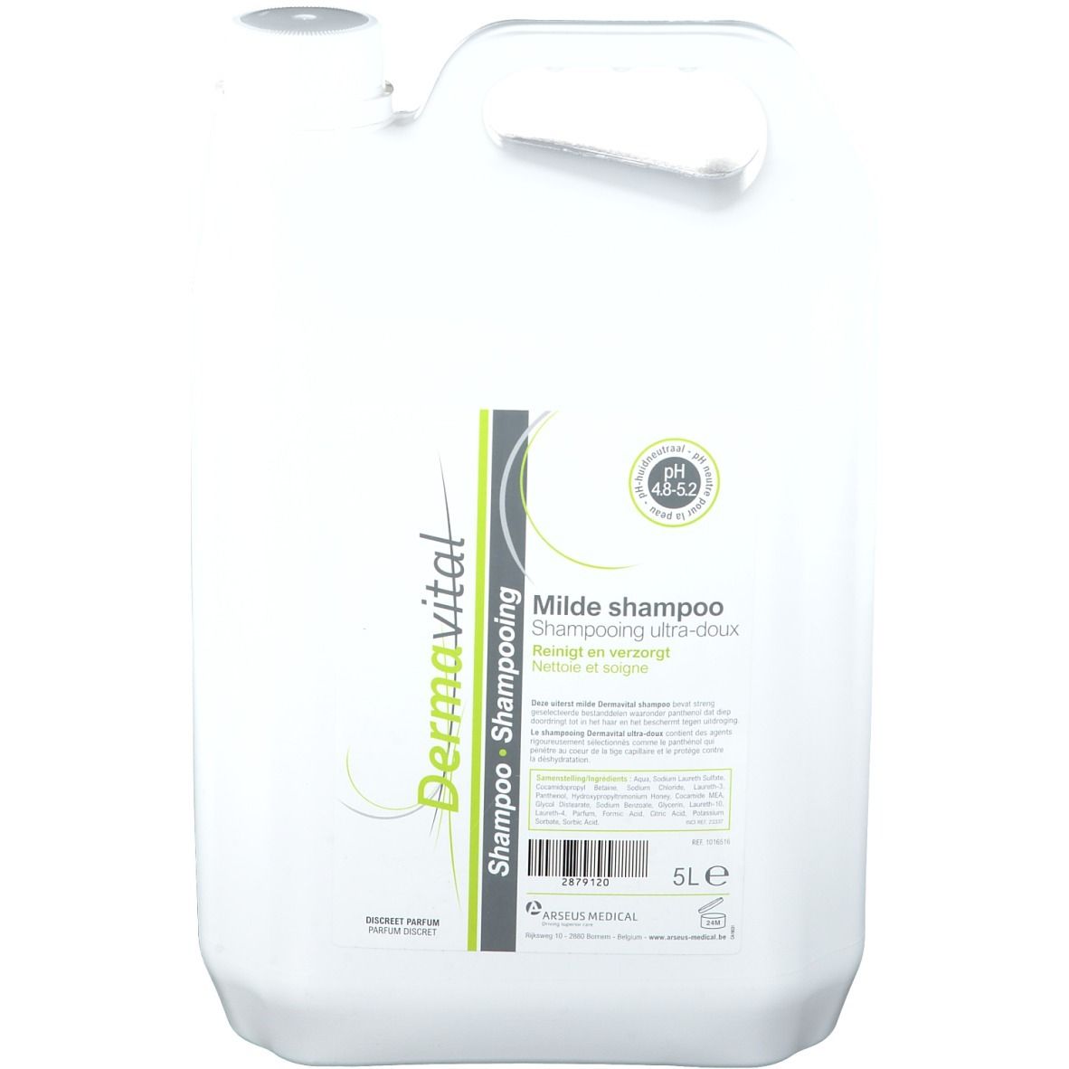 Witte jerrycan met handvat. Opschrift: Dermavital Shampoo, pH 4.5-5.2. Tekst in het Duits, Frans en Nederlands. 5L.