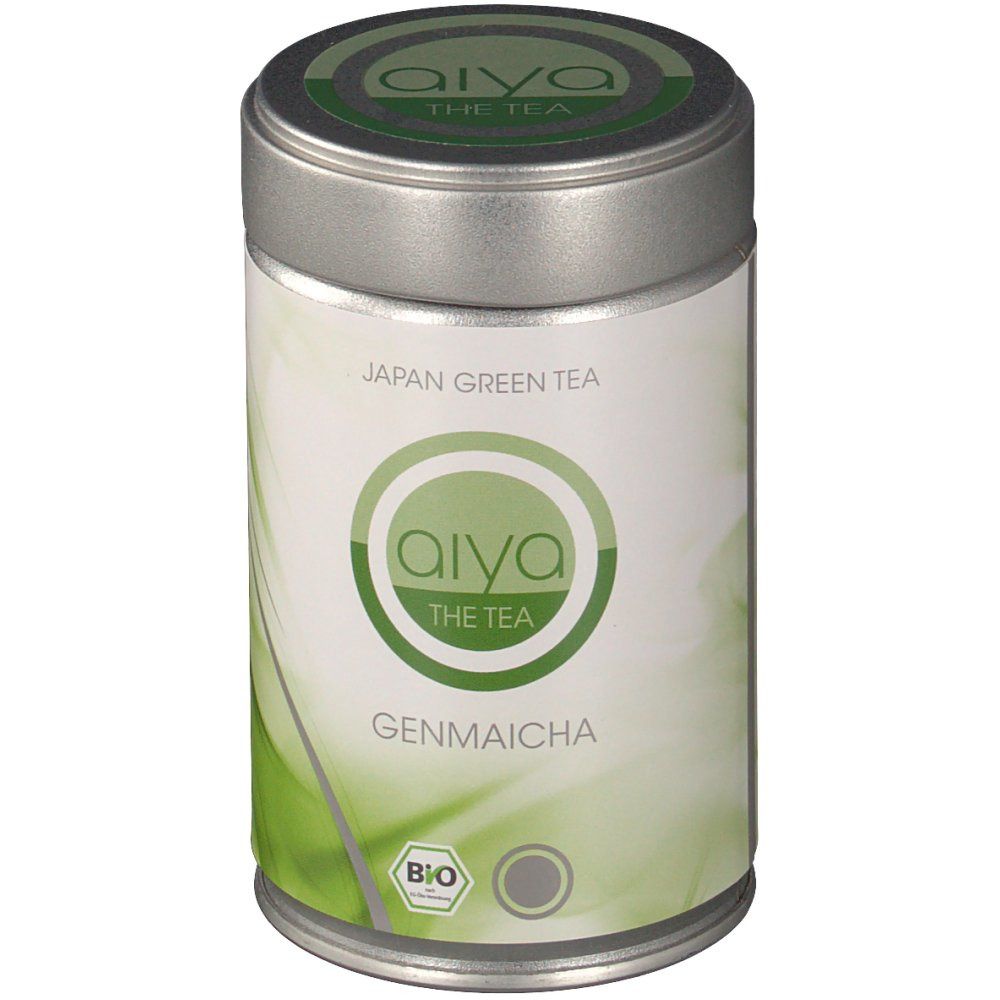 Cilindervormige doos met deksel. Opschrift: Aiya The Tea, Genmaicha, bio-label. Groene achtergrond.
