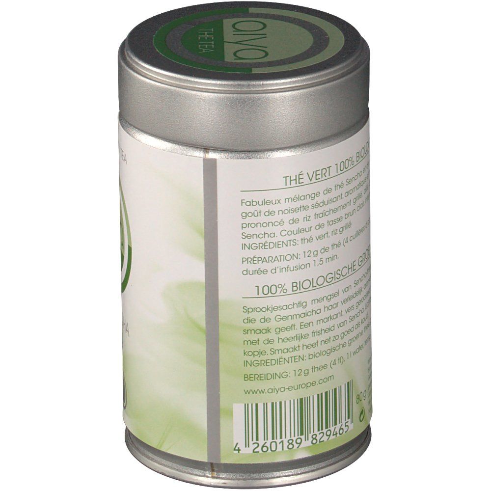 Cilindervormige doos, zijaanzicht. Tekst: Thé Vert 100% Biologique, ingrediënten, bereiding. Bio-label en barcode.