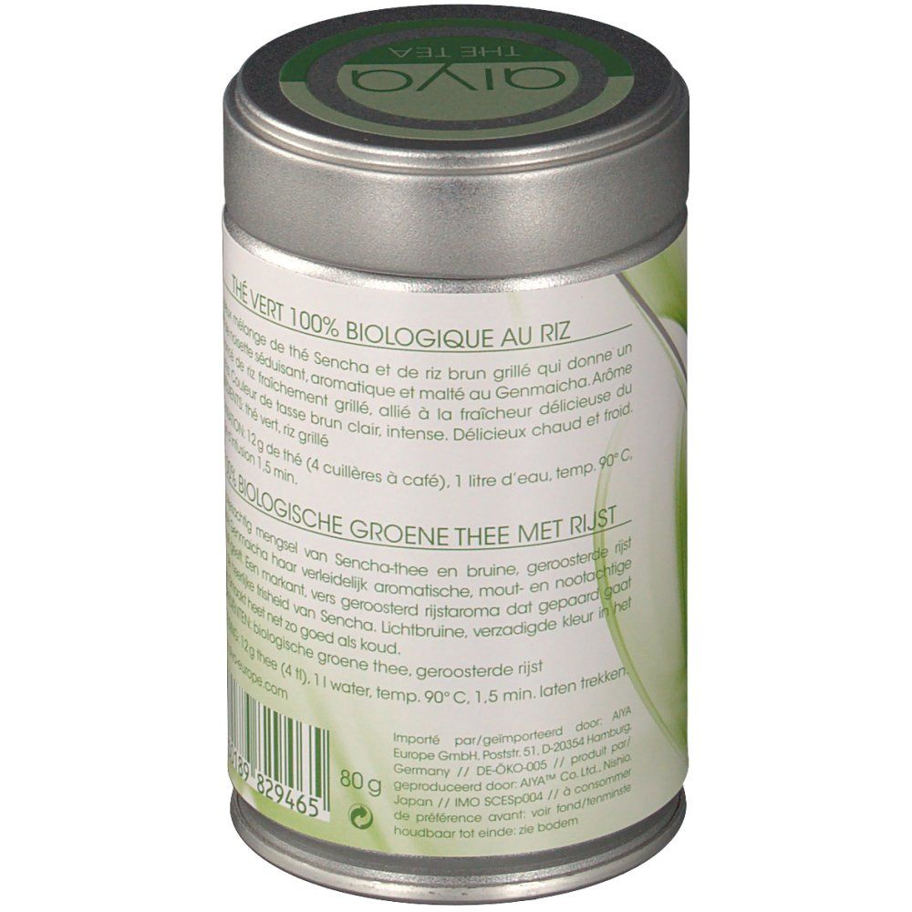 Cilindervormige doos, zijaanzicht. Tekst: Thé Vert 100% Biologique au Riz, ingrediënten, bereiding. Bio-label.