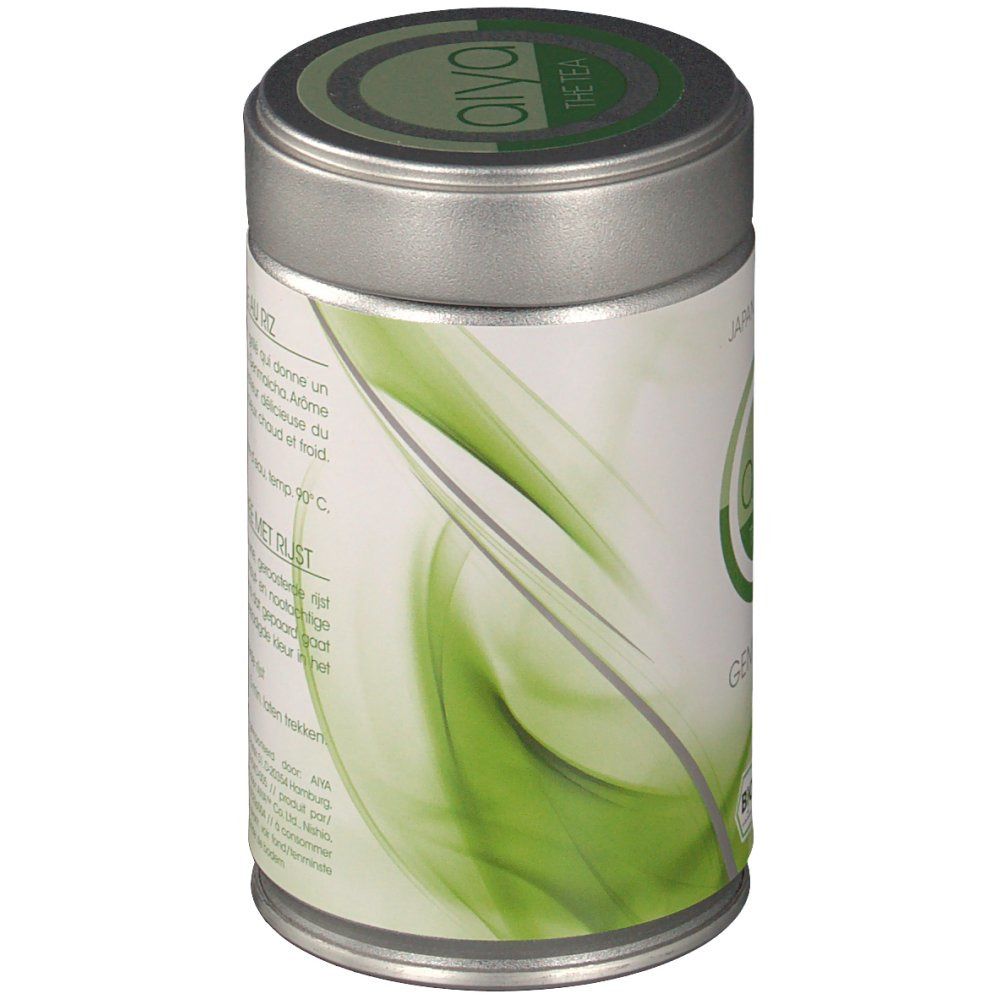 Cilindervormige doos, zijaanzicht. Tekst: Thé Vert 100% Biologique au Riz. Groene, gebogen achtergrond.