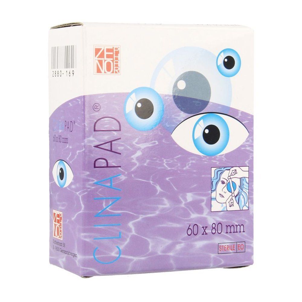 Verpakking Clinapad. Opschrift: Clinapad, 60x80mm, steriel EO. Illustratie van een oog. Merk Zen-No.