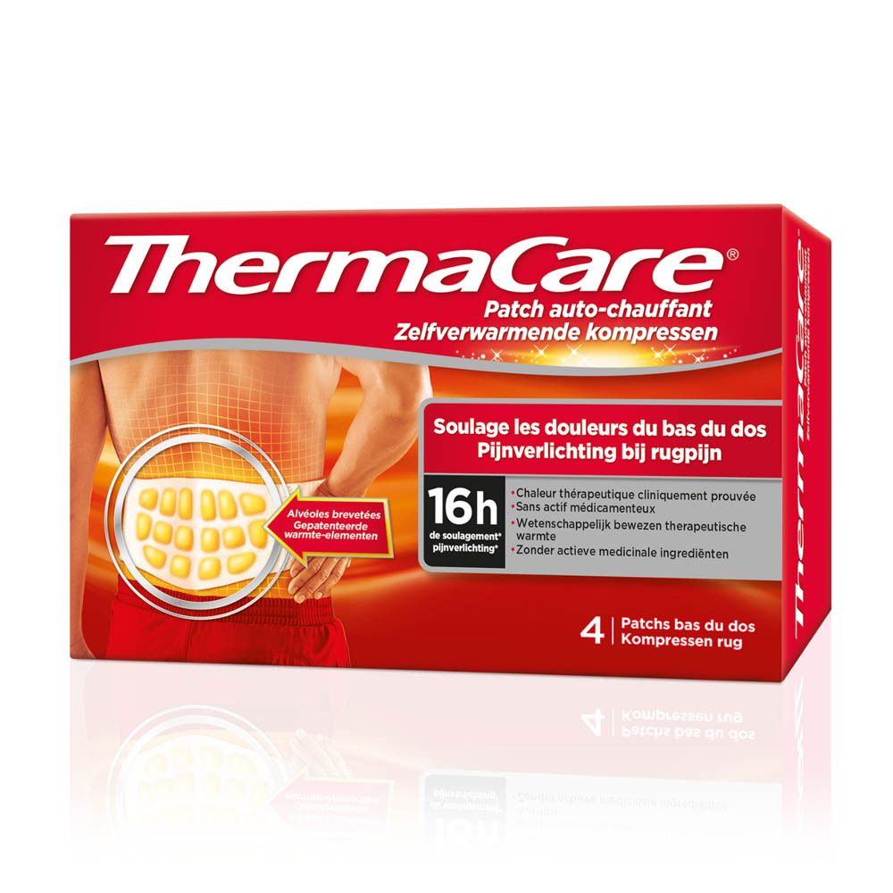 ThermaCare verpakking. Rode verpakking met productafbeelding en tekst. 4 stuks.