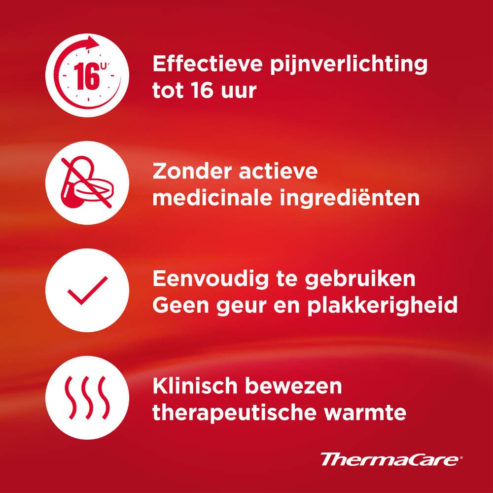Informatie over ThermaCare. Tekst en symbolen op rode achtergrond.