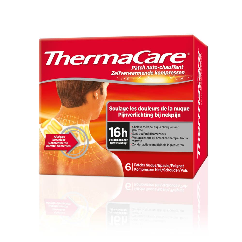 Boîte ThermaCare®. Compresses auto-chauffantes pour la nuque/épaules. 6 pièces. Emballage rouge avec image.