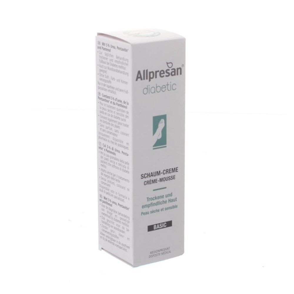Emballage blanc avec informations produit. Logo: Allpresan diabetic. Texte: Crème-mousse, peau sèche et sensible. Basic.