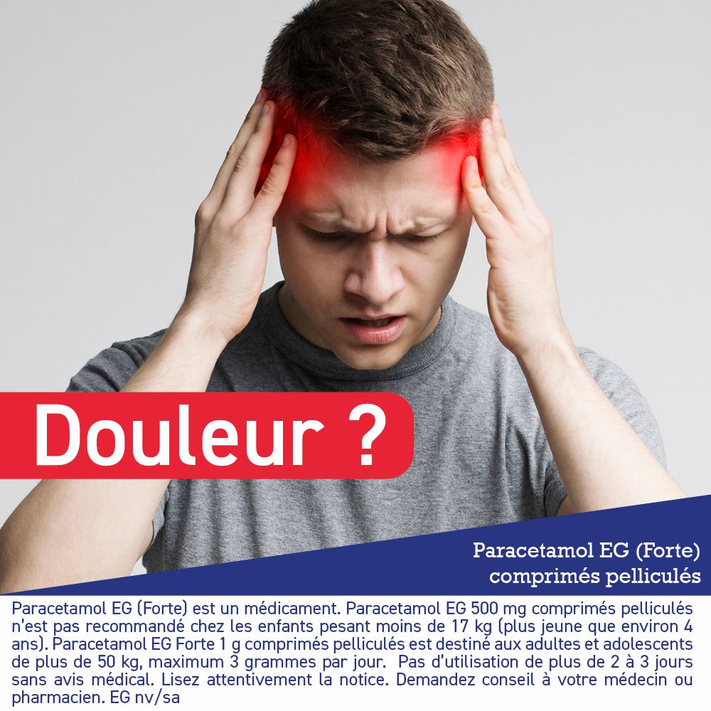Homme souffrant de maux de tête, marque rouge sur les tempes. Texte : "Douleur ?"