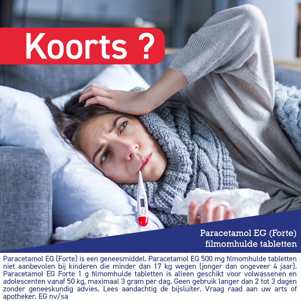Vrouw met thermometer in mond, ziek in bed. Paracetamol EG (Forte) filmomhulde tabletten.
