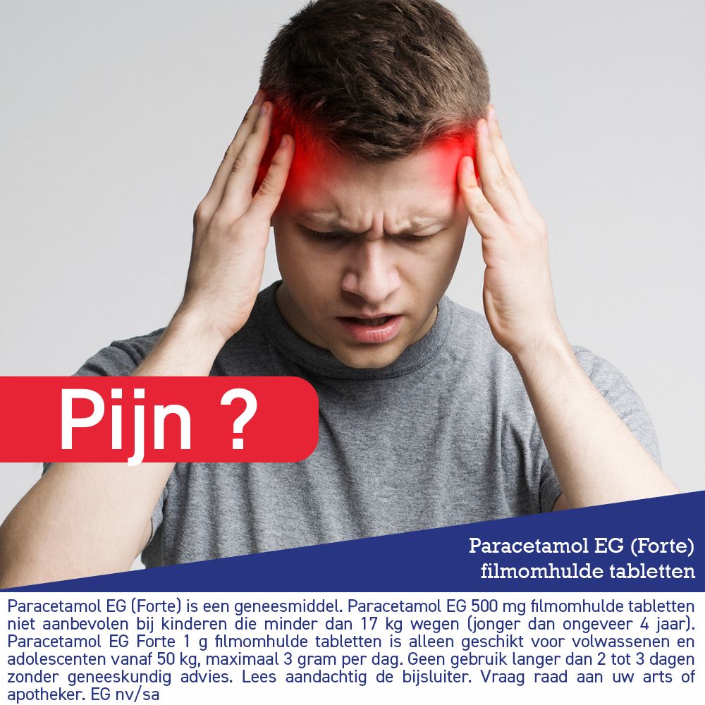Man met handen op slapen, rood pijngebied boven slapen. Paracetamol EG (Forte) filmomhulde tabletten.