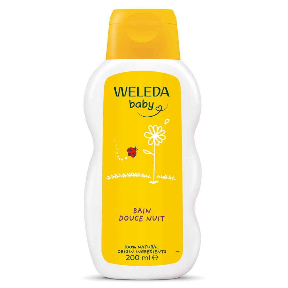 Bouteille Weleda Baby Calendula Cremebad avec bouchon jaune et étiquette motif calendula.