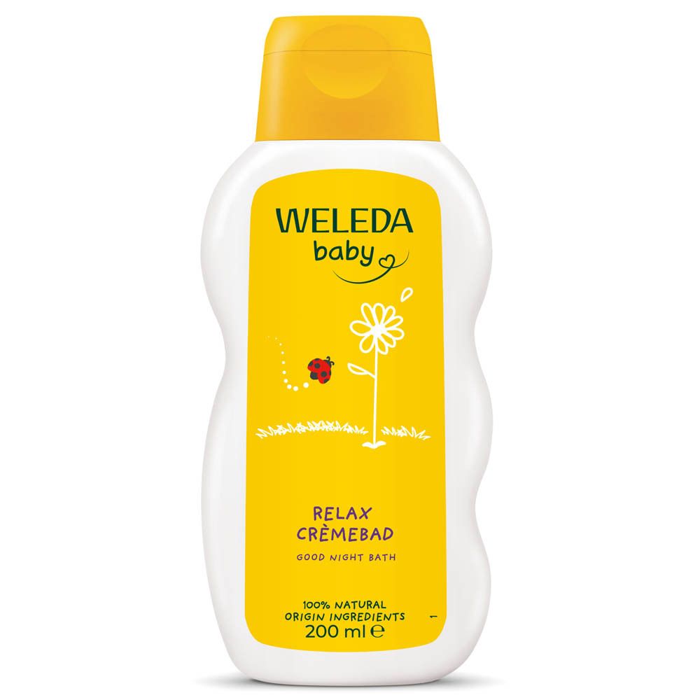 Weleda Baby Calendula Cremebad fles met gele dop en etiket met calendula-afbeelding.