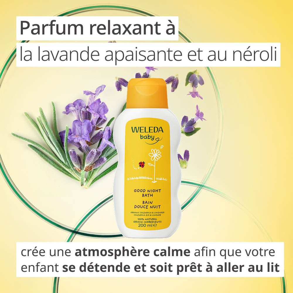 Plusieurs produits Weleda Baby Calendula, dont Cremebad, shampoing et lotion pour le corps, avec un ours en peluche et des serviettes.