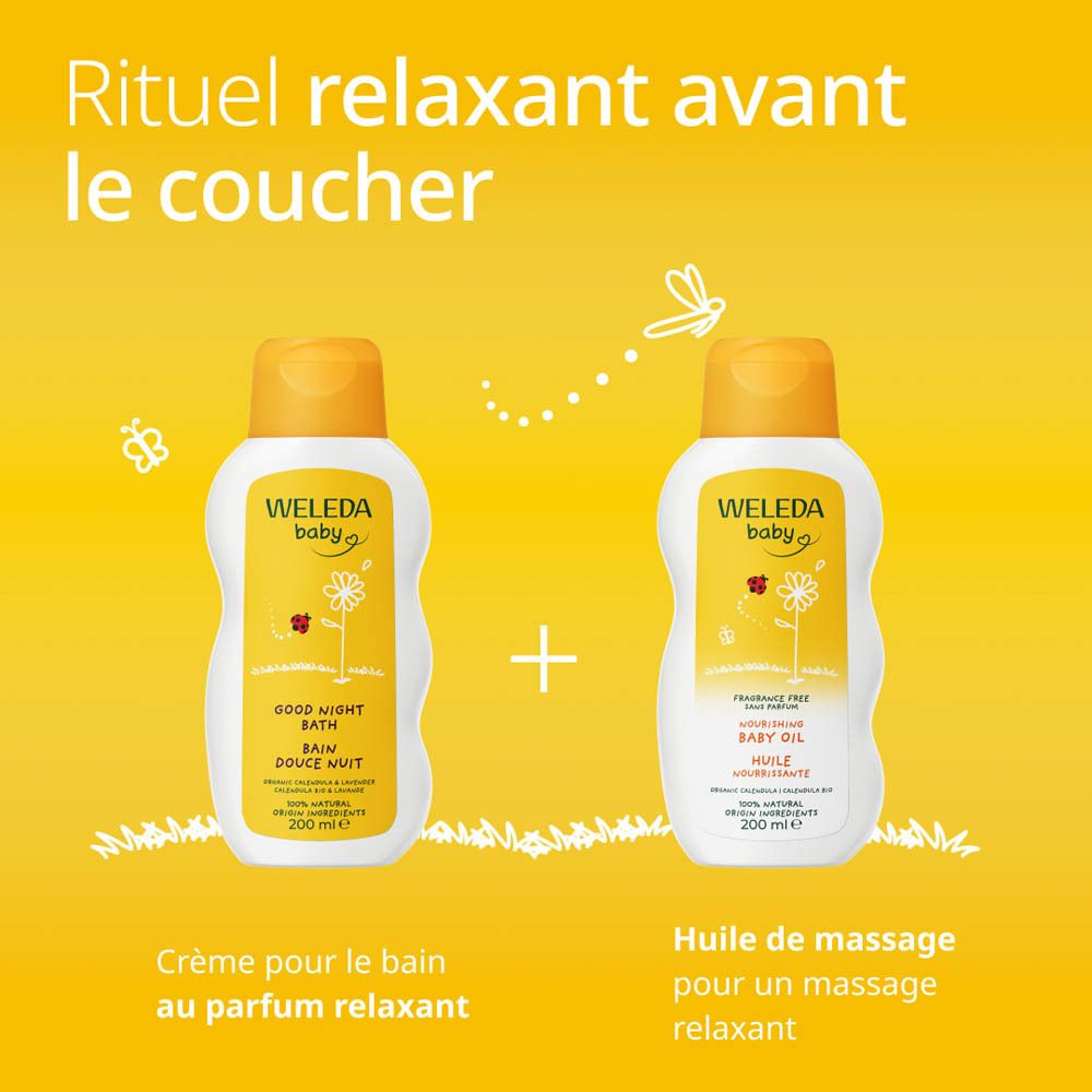 Gros plan d'un bébé endormi avec un texte sur les bienfaits du Bain Douce Nuit pour le sommeil.