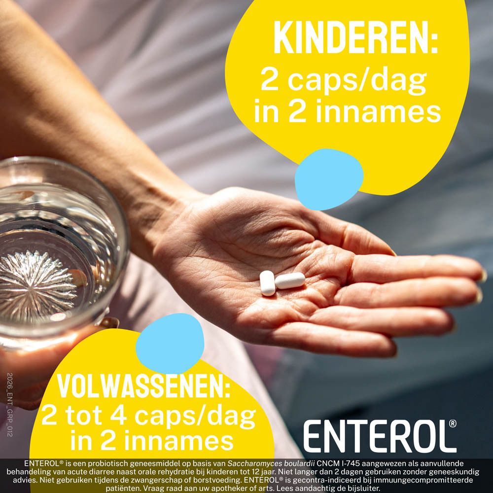 Familie met kinderen. Enterol 250mg verpakking. Opschrift: Saccharomyces boulardii CNCM I-745.
