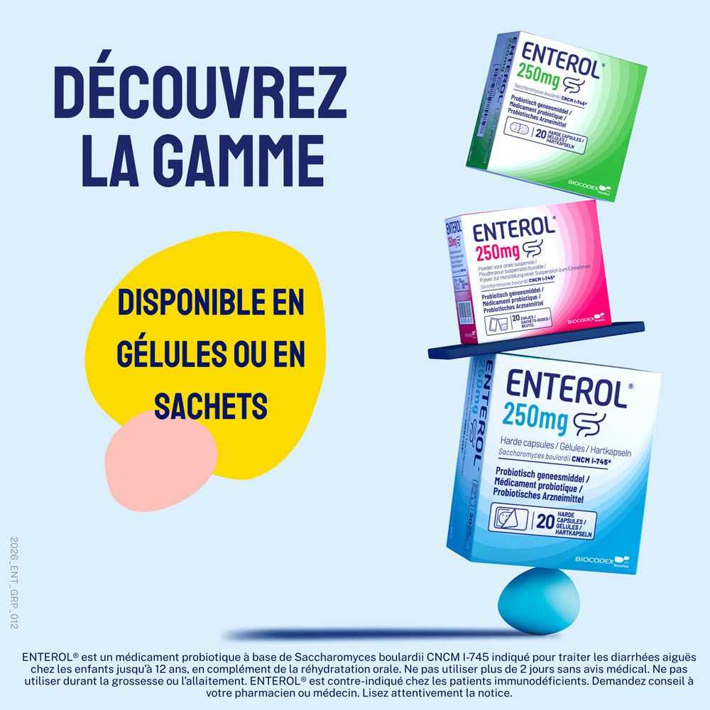 Publicité. Gamme de produits. Texte : Disponible en gélules ou en sachets.