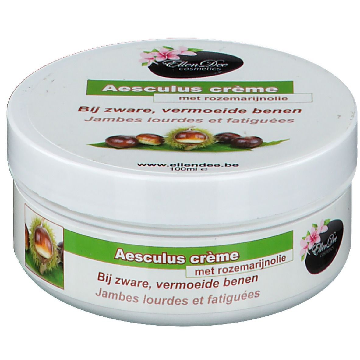 Witte pot met groen etiket. Opschrift: Aesculus crème, met rozemarijnolie. Afbeelding van kastanjes. Merk: Ellen Dee Cosmetics.