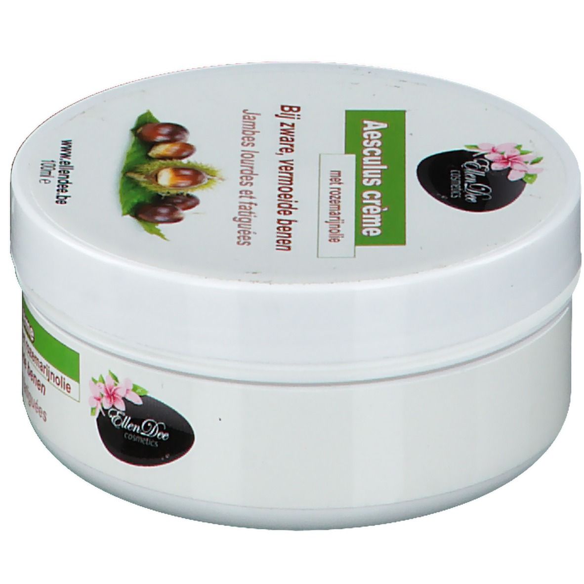 Witte pot met groen etiket. Opschrift: Aesculus crème, met rozemarijnolie. Afbeelding van kastanjes. Merk: Ellen Dee Cosmetics.