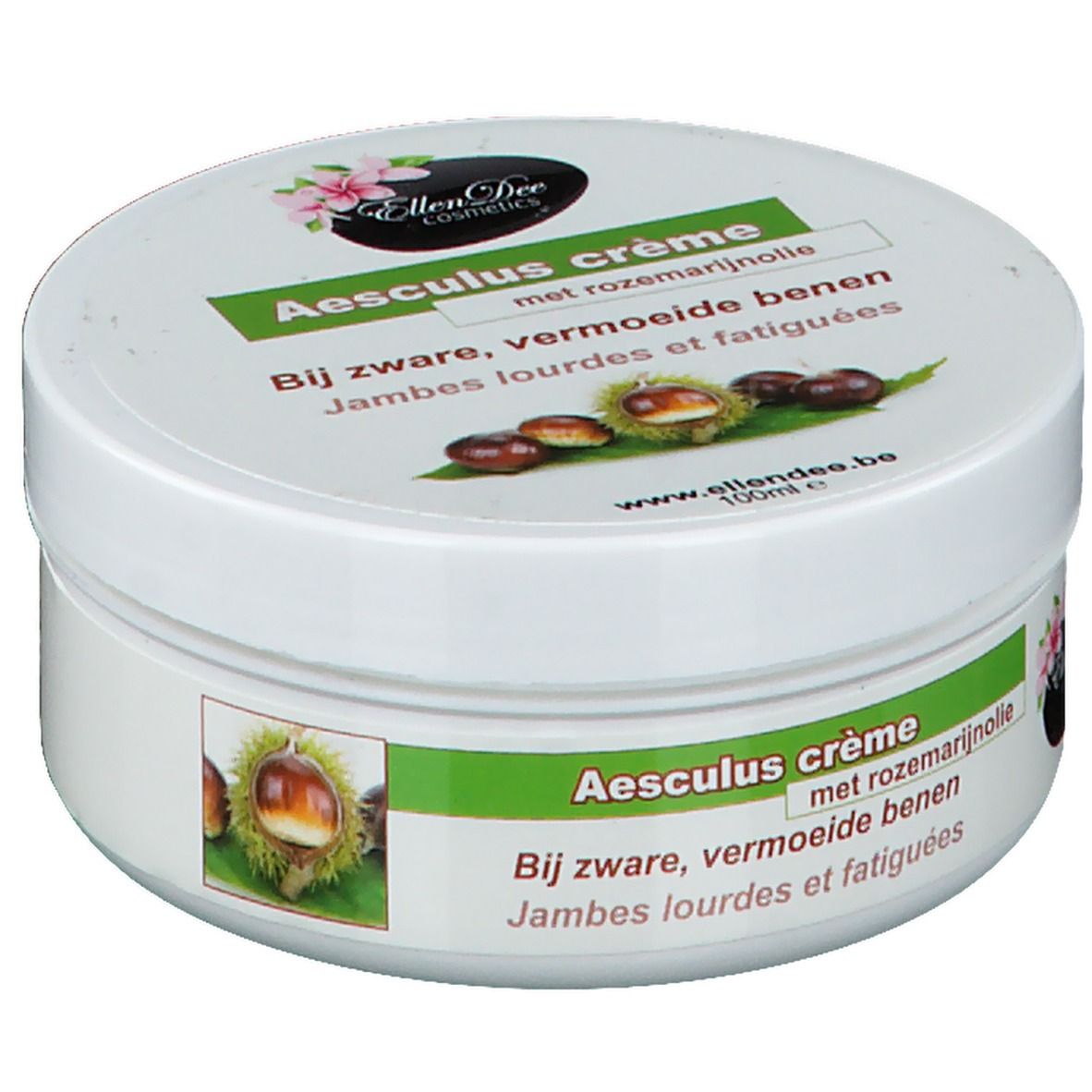 Witte pot met groen etiket. Opschrift: Aesculus crème, met rozemarijnolie. Afbeelding van kastanjes. Merk: Ellen Dee Cosmetics.