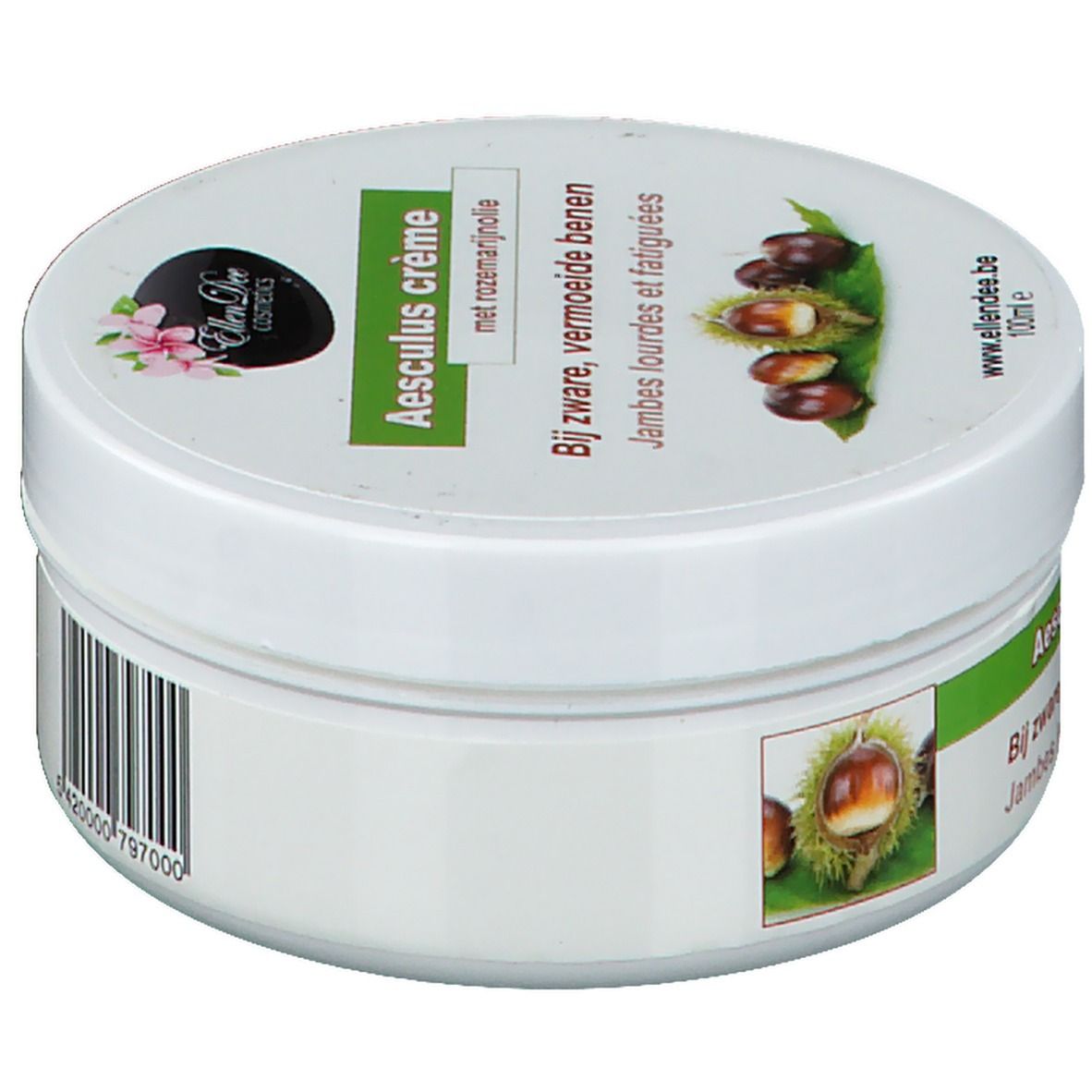 Witte pot met groen etiket. Opschrift: Aesculus crème, met rozemarijnolie. Afbeelding van kastanjes. Merk: Ellen Dee Cosmetics.