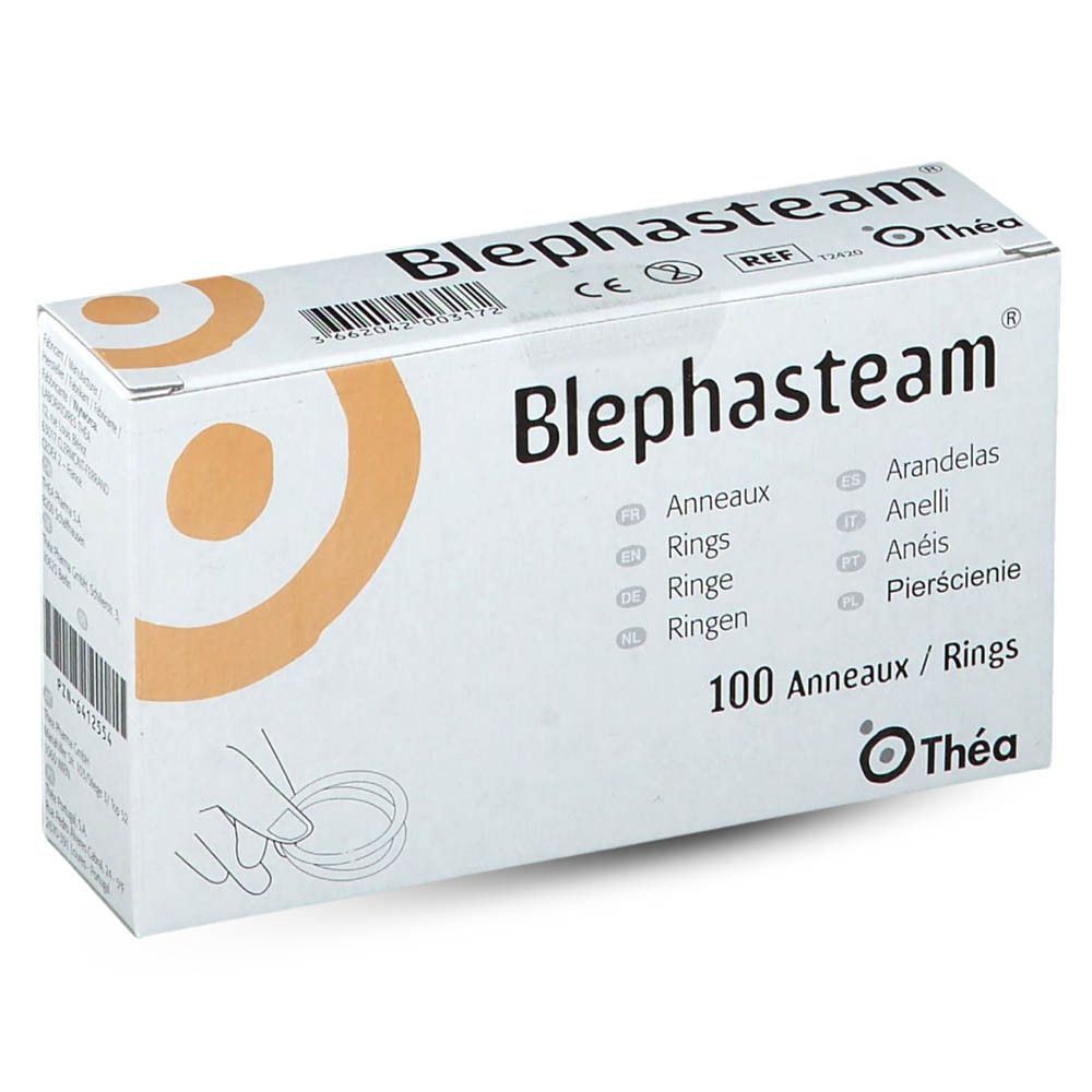 Boîte Blephasteam® avec 100 anneaux. Inscription : Blephasteam®, Thea. Design orange. Marquage CE.