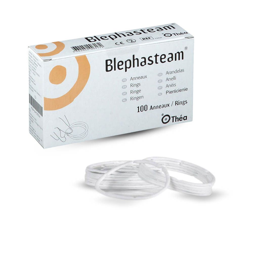 Doos Blephasteam® en transparante ringen. Opschrift: Blephasteam®, Thea. 100 ringen.