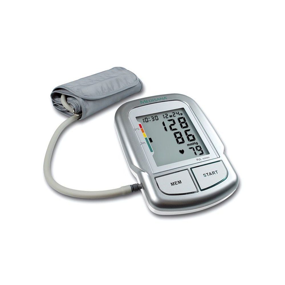 Bloeddrukmeter met manchet en display. Toont waarden en tijd. Zilverkleurige behuizing, grijze manchet.