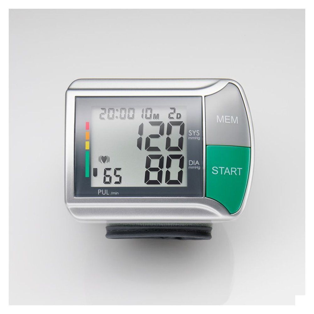 Bloeddrukmeter voor de pols met digitale display. Toont systole, diastole en polsslag. Met startknop.