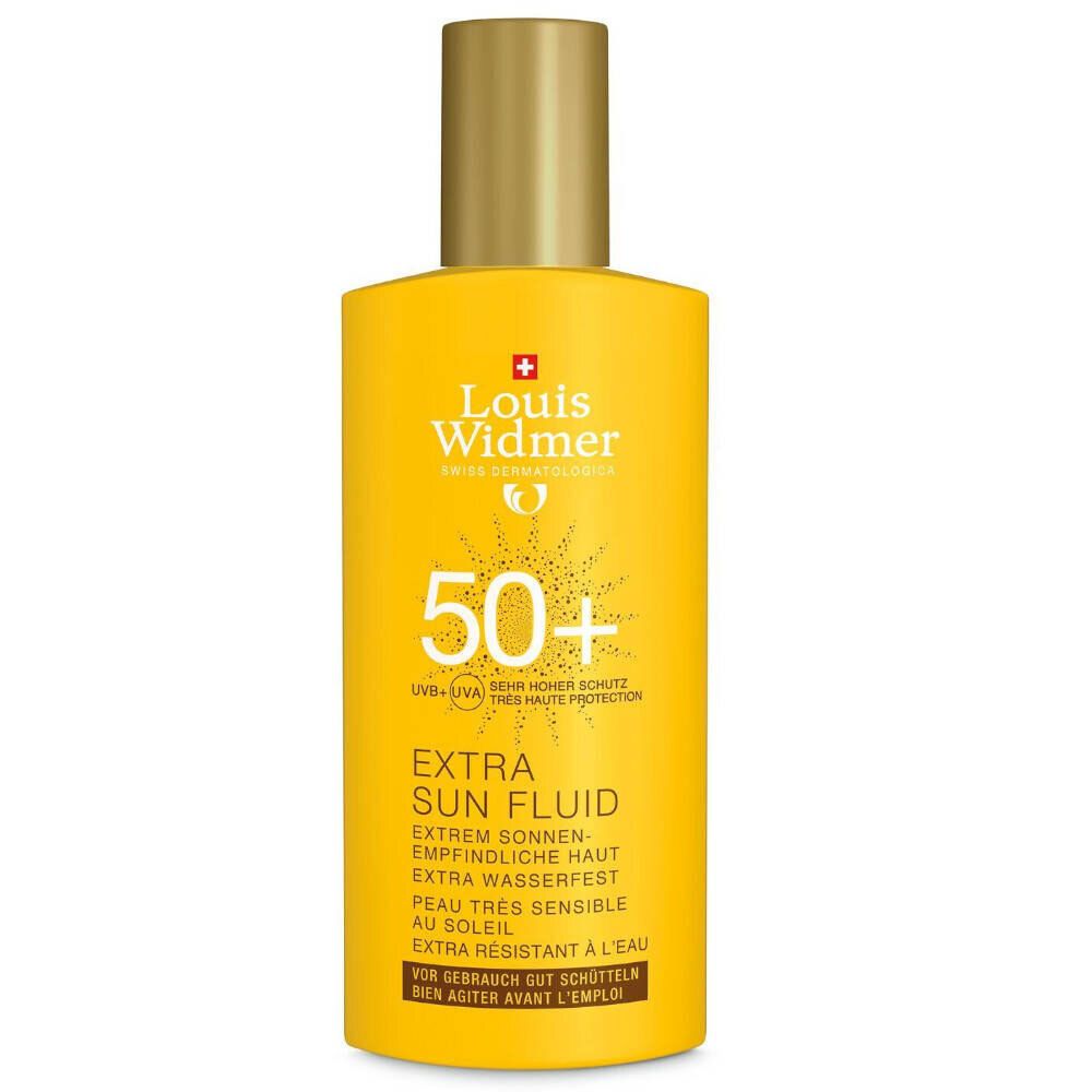 Gele zonnebrandcrèmefles met gouden dop. Opschrift: Louis Widmer, 50+, Extra Sun Fluid.