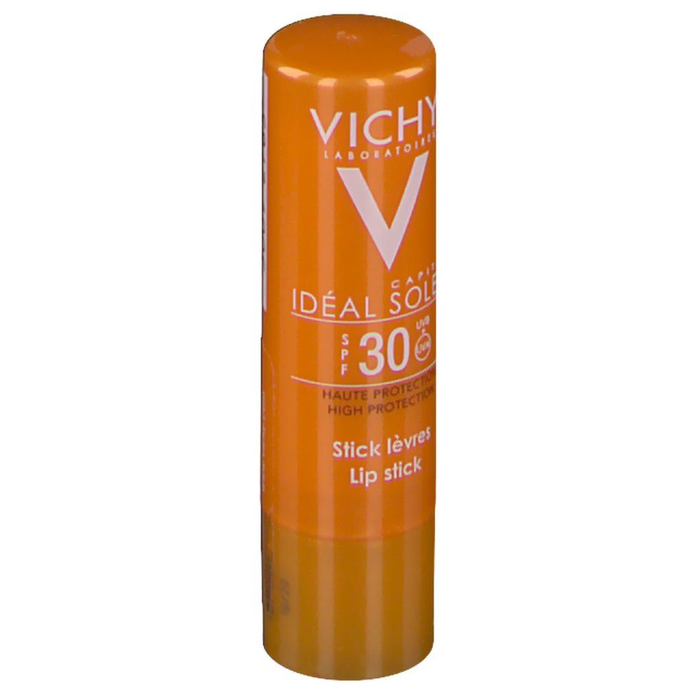Oranje lippenstiftstick. Opschrift: VICHY, Idéal Soleil, SPF 30, Stick lèvres, Lip stick.