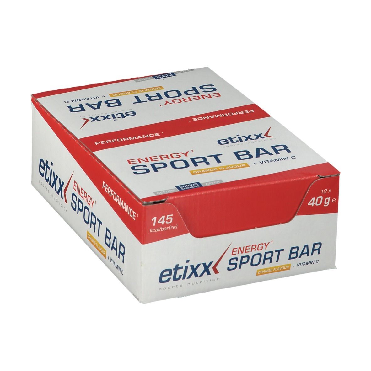 Boîte Etixx Energy Sport Bar Orange. Contient 12 barres. Inscription : Energy Sport Bar, 145 kcal, 40g.