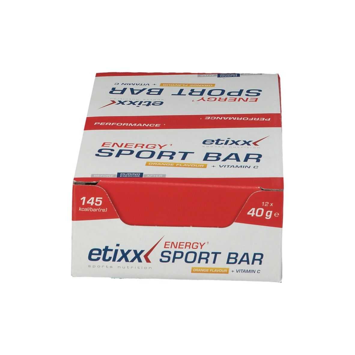 Boîte Etixx Energy Sport Bar Orange. Contient 12 barres. Inscription : Energy Sport Bar, 145 kcal, 40g.