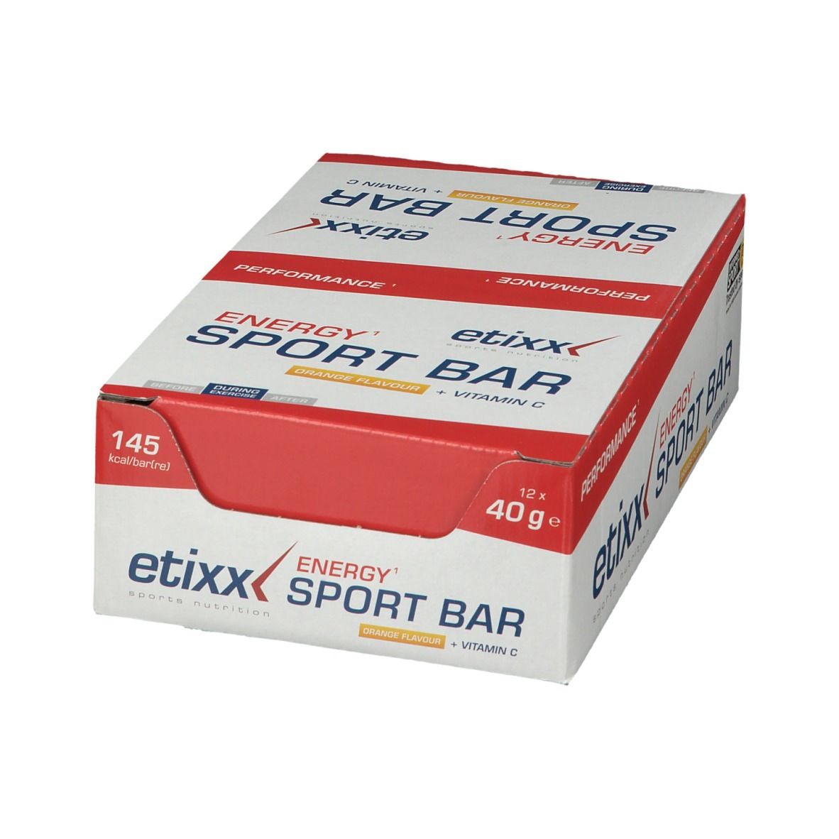 Boîte Etixx Energy Sport Bar Orange. Contient 12 barres. Inscription : Energy Sport Bar, 145 kcal, 40g.