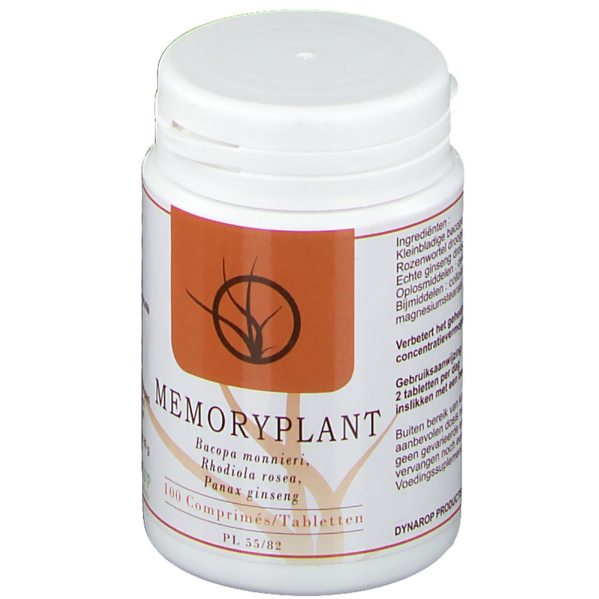 Flacon blanc avec étiquette marron. Inscription: Memoryplant, 100 comprimés. Contient Bacopa monnieri, Rhodiola rosea, Panax ginseng.
