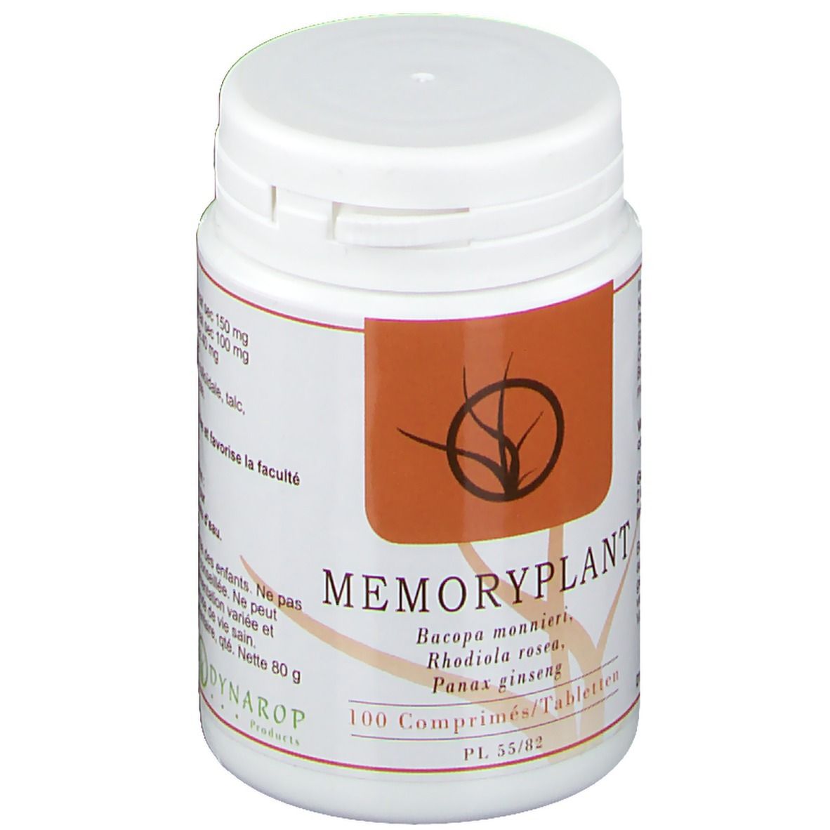 Flacon blanc avec étiquette marron. Inscription: Memoryplant, 100 comprimés. Contient Bacopa monnieri, Rhodiola rosea, Panax ginseng.